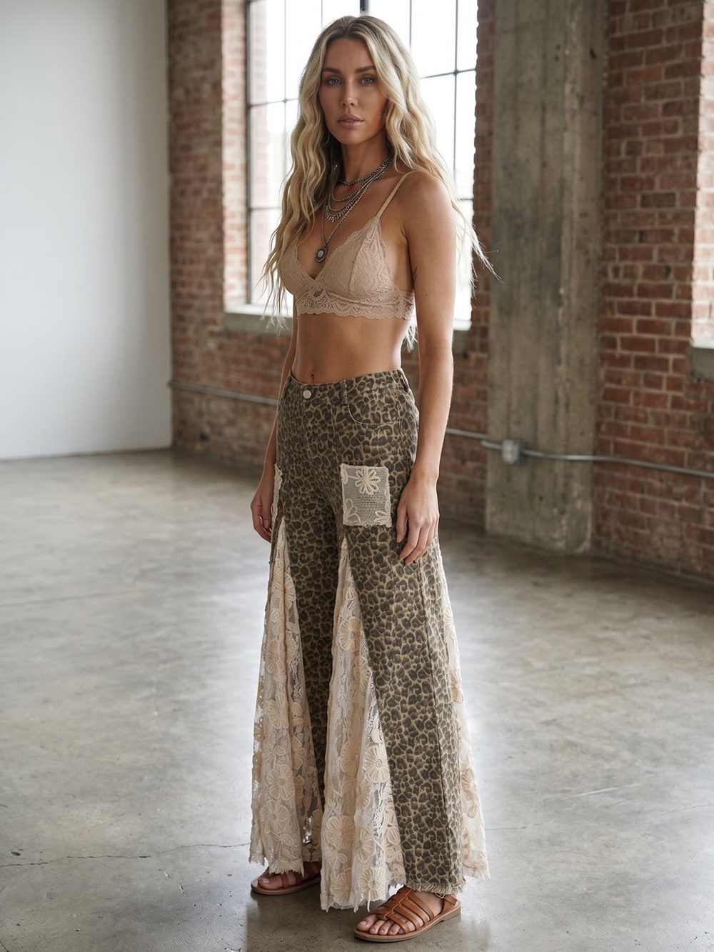 NWT Leopard Cheetah Animal Print Lace Panel Boho Wide Leg Patchwork Flare Pants - Picture 5 of 7